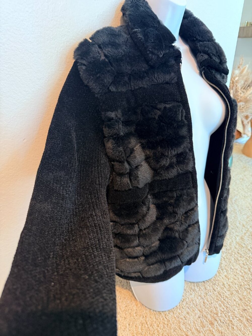 Lisa International Black Faux Fur Knit Zip Front Jacket